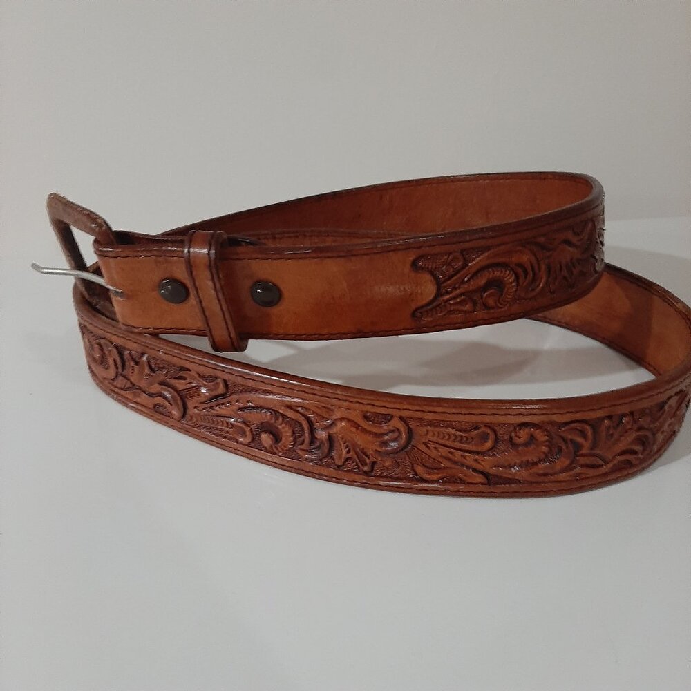 Vintage hand tooled leather western belt